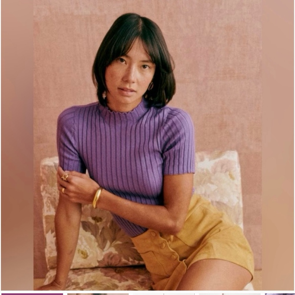 Sezane Purple Cowl Neck Ribbed Sweater